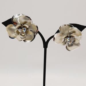 Vintage Flower Clip Earrings Silver Tone Aurora Borealis Rhinestones 1 1/2 Inch